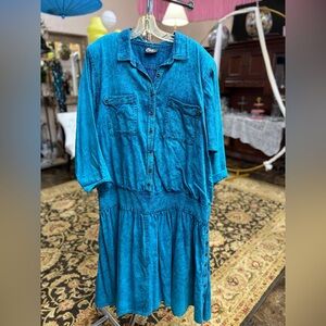 Vintage 80s Chez Teal Acid Washed Denim Dress 2XL w flaw!